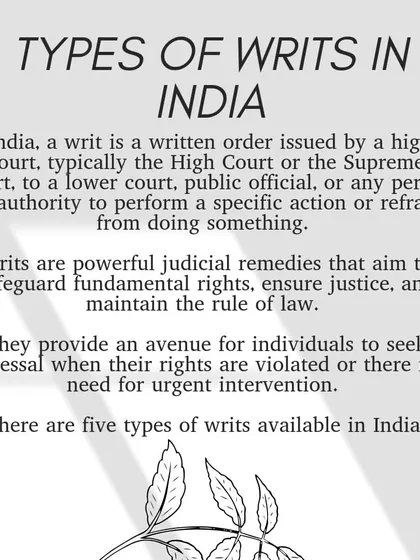 A writ is a written order from a higher court to a lower court or public official. There are five types of writs available in India to safeguard rights.