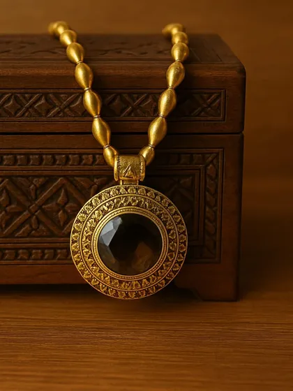 A premium gold-plated pure silver necklace. This piece features a bold, circular pendant with a large, faceted smoky quartz stone, set in an intricately detailed frame and hung on a chain of gold beads.
