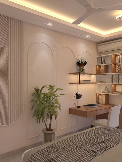 This guest bedroom is designed for comfort and utility. It features a floating study desk, elegant wall paneling, and a unique cloud-like ceiling light fixture.