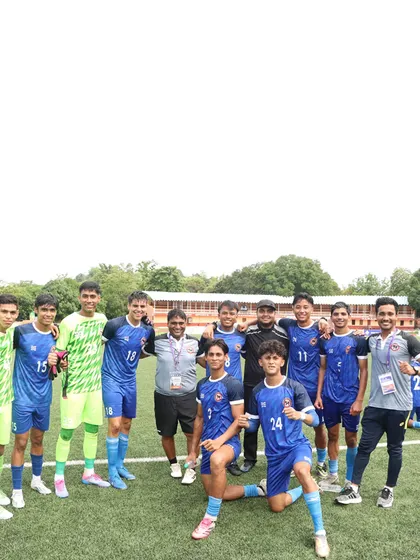 The team celebrates after a dominant 4-0 win over the Sports Authority of India to enter the finals of the Swami Vivekananda U20 Nationals.