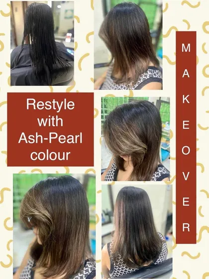 This makeover showcases a cool-toned ash-pearl color. We carefully lifted the hair and applied a custom toner to achieve this modern, sophisticated shade, finished with a sleek cut to emphasize the clean lines and glossy color.