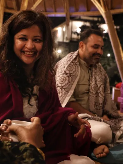 Sharing a cup of ceremonial cacao during our closing circle. The warmth and joy in this moment are palpable, reflecting the deep connections we build during the retreat.