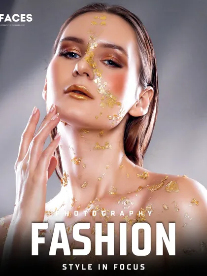 A direct and powerful portrait from our gold foil editorial shoot. The combination of metallic makeup and the model's strong gaze results in a captivating and high-fashion image.