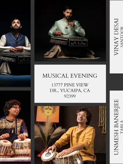 An event poster for a musical evening in Yucaipa, California, where I performed a duet with Santoor player Vinay Desai.