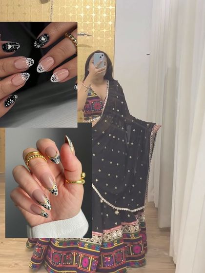 To go with this elegant black mirror-work lehenga, we suggested a chic black and white floral nail art design. It's a modern and stylish choice that complements the traditional outfit beautifully.