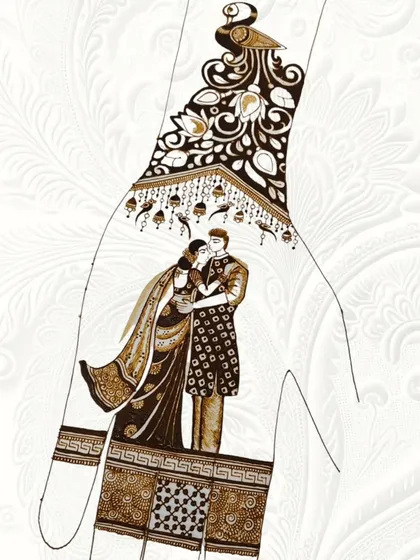 A sweet couple portrait created for a Karwa Chauth celebration. The design is framed by a peacock and hanging kalire, blending festive and romantic elements.