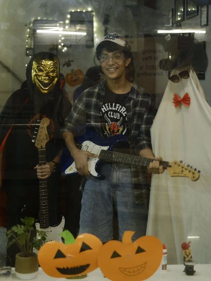 Spooky grooves and rock and roll! A few of our students dressed up for Halloween, including a great 'Hellfire Club' costume, complete with an electric guitar. We love to see their creativity.