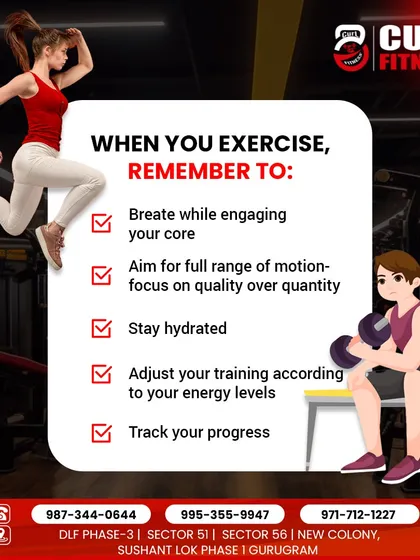 A checklist for every workout. Remember to breathe, aim for a full range of motion, stay hydrated, adjust to your energy levels, and track your progress.