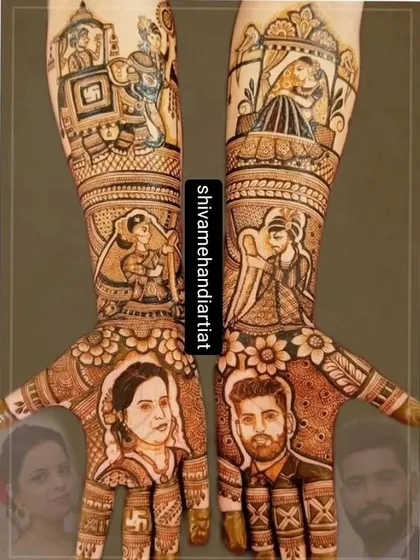 A highly personalized design with realistic portraits of the bride and groom on the palms, based on their photos. The forearms depict various wedding rituals.