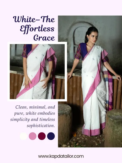 White is for effortless grace. Clean, minimal, and pure, a white saree like this one with a pop of pink embodies simplicity and timeless sophistication.