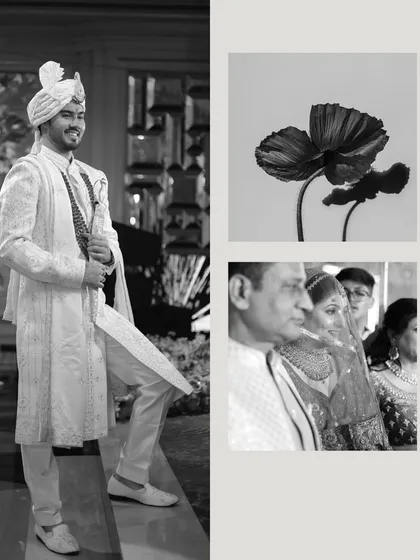 An artistic black and white collage featuring the groom in his elegant sherwani. The composition includes a full-length portrait and a candid shot of the wedding ceremony.