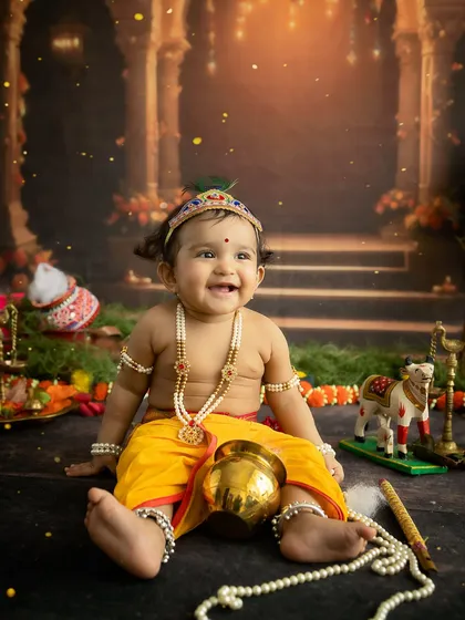 A joyful, seated portrait of the baby as Krishna, surrounded by festive props.