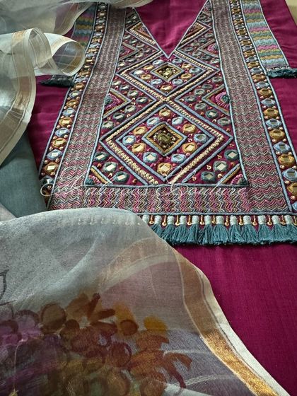 This image focuses on the rich embroidery of the kurta yoke, a testament to the skilled craftsmanship involved.