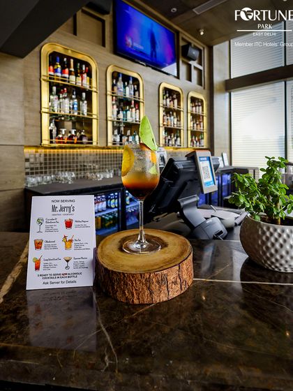 Our bar counter featuring a special menu from Mr. Jerry's cocktails, offering our guests even more unique and crafted beverage options.