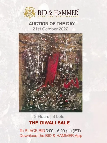An announcement for 'The Diwali Sale', our auction of the day on October 21st, 2022. This festive sale featured three lots of festive paintings by contemporary artist Rekha Rao.