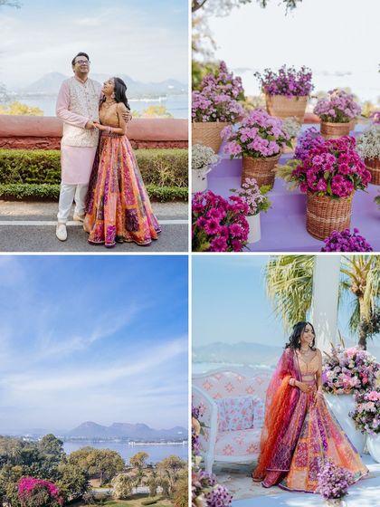 A collage of a beautiful Mehendi in Udaipur, featuring the couple, the decor, and the stunning lakeside views.