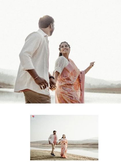 A diptych capturing a couple's walk along the lakeside, focusing on their happy expressions and shared journey.