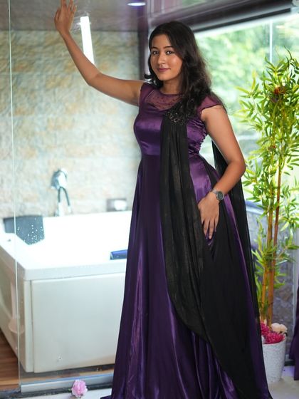 This purple satin gown with a black drape is another beautiful piece from my affordable ₹599 rental range.