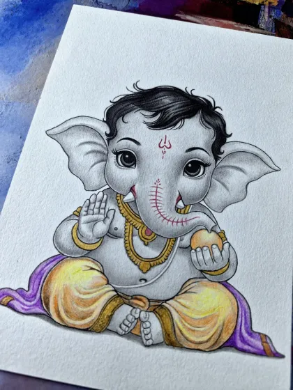 A slightly different angle of the Bal Ganesha sketch. This view provides a closer look at the delicate shading on his face and the colored details on his golden necklace.