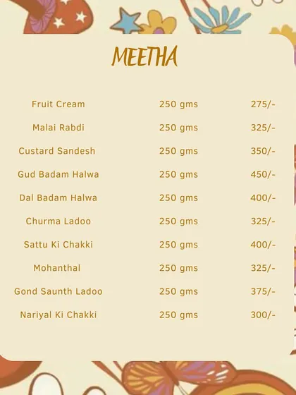 This is the 'Meetha' section of our Raksha Bandhan special menu. It features a variety of our classic desserts, including Fruit Cream, Malai Rabdi, and Churma Ladoo.