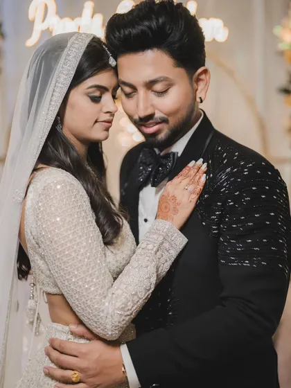 An intimate portrait of the couple at their engagement. They share a close embrace, their expressions full of love and contentment.