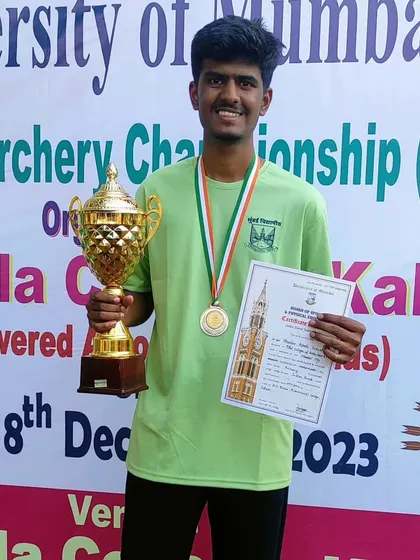 Our archer Rithesh Mhaskar with his trophy and silver medal from the University of Mumbai Interzone Archery Competition, where he also qualified for the National west zone event.