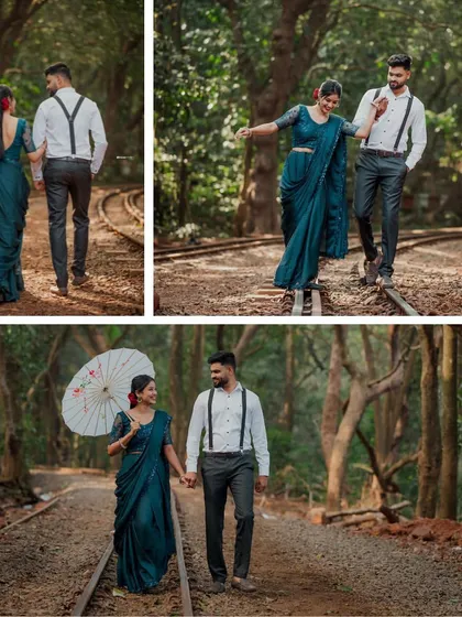 We can step back in time with a retro-themed pre-wedding shoot. This collage captures the vintage charm of a couple's journey along old railway tracks, complete with classic attire and a timeless feel.