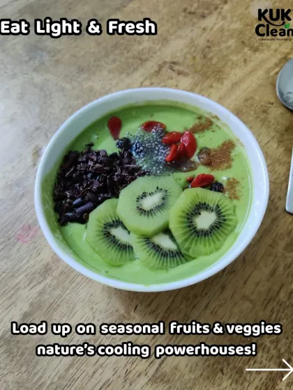 Eat light and fresh during hot weather. This green smoothie bowl with kiwi, chia seeds, and cacao nibs is a perfect example of loading up on nature's cooling powerhouses.