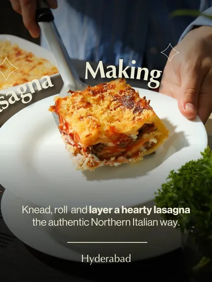 A hearty slice of lasagna, fresh from the oven. In this workshop, I guide you through kneading the dough, creating the sauce, and layering everything to bake an authentic Northern Italian lasagna.