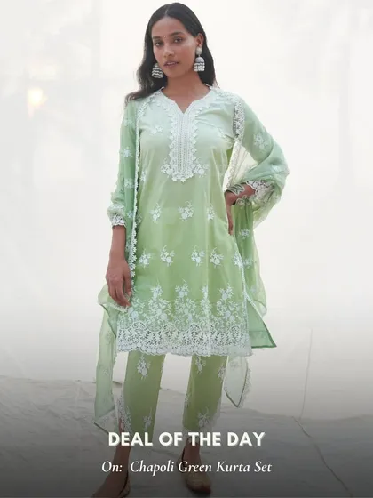 The Chapoli Green Kurta Set is another one of my daily deals. This soft green is a refreshing color for festive wear, and the white embroidery is simply stunning.