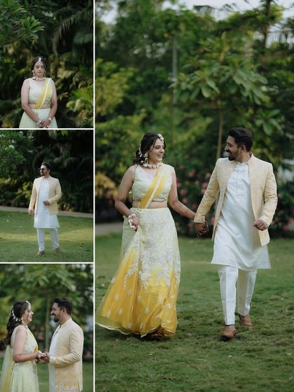 A collection of shots showing the couple's journey through their Haldi ceremony, from individual portraits to them walking together, enjoying the celebration.