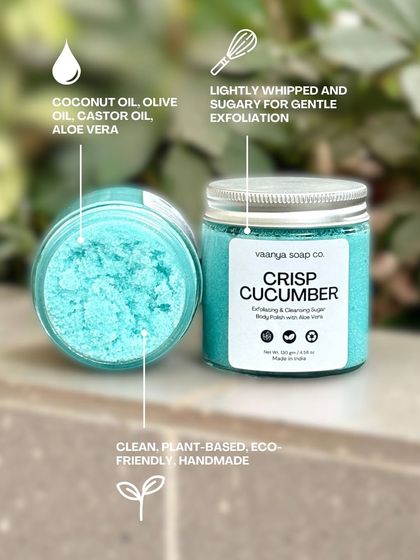 Our Crisp Cucumber body polish is made with coconut oil, olive oil, and aloe vera. The sugar is lightly whipped for gentle exfoliation, and the entire product is clean, plant-based, and handmade.