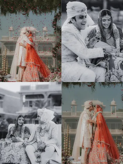 A collage of black and white images from Prakruti and Chiron's ceremony, highlighting the timeless and emotional quality of their vows and celebrations.