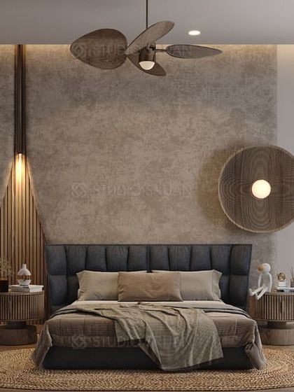 A bedroom with a rustic, earthy feel, featuring a textured concrete-finish wall, a jute rug, and a unique wooden wall sconce.