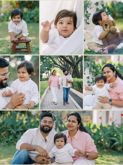 A collage from a beautiful outdoor first birthday shoot, showing family portraits, solo shots of the baby, and playful moments.