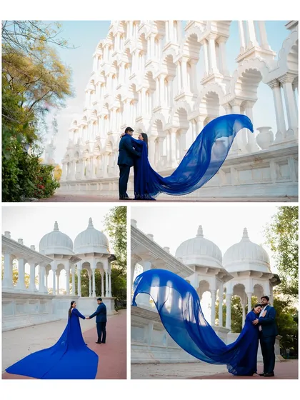 Aditya and Pallavi's pre-wedding shoot featuring a vibrant blue flowing gown against the pristine white architecture of Gaitor Ki Chhatriyan, creating a stunning color contrast.