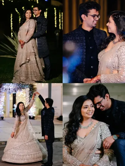 A collection of four moments from the reception, showing the couple posing, dancing, and sharing candid smiles.