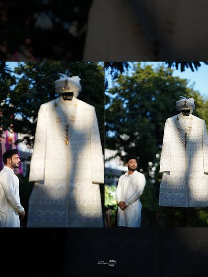An artistic collage of the groom with his wedding sherwani. This creative concept makes for a unique and memorable set of groom portraits.