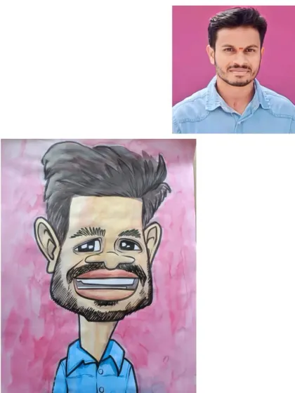 A watercolor caricature created from a client's photo. The pink background makes the portrait stand out.