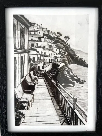 A stunning sketch of a coastal town, showing great skill in perspective and architectural detail.