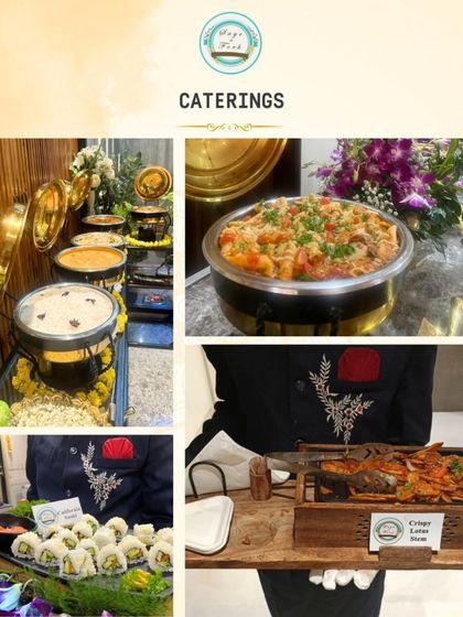 This collage highlights the different facets of our catering service. It features our elegant buffet setups with traditional Indian dishes, a close-up of a pasta main course, and appetizers like sushi and Crispy Lotus Stem, showing our diverse capabilities.