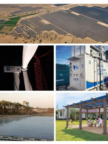 A collage representing our diverse portfolio of clean energy solutions, from large-scale solar and wind to floating solar and residential pergolas. Every project is a step towards a more sustainable future.