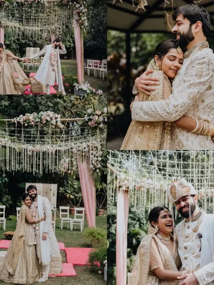 A collage of happy and romantic moments from Nirali and Nitin's beautiful garden wedding.