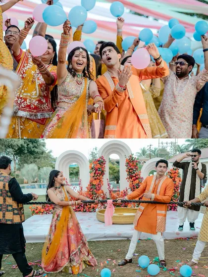 A collage of the fun and games at the Haldi, from popping balloons to a competitive game of tug-of-war.