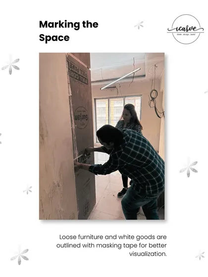 Here, we are using tape to mark out the exact footprint of furniture and equipment. This simple technique gives the client a real-world sense of the final layout and helps visualize the flow of movement through the room.