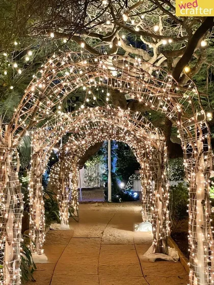 Creating starry pathways for my couples is one of my favorite things. This rustic archway, wrapped entirely in twinkling fairy lights, makes for an enchanting entrance or a magical photo spot.