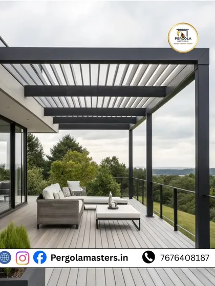 This minimalist rafter pergola extends over a spacious deck, offering panoramic views of the surrounding landscape. The simple, strong lines of the structure provide shade without feeling enclosed, perfect for open-concept outdoor living.