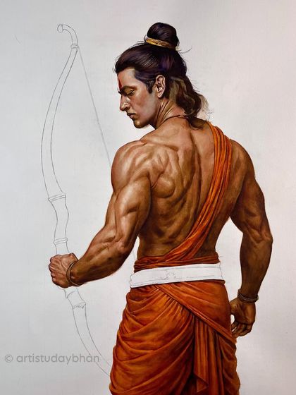 The Shree Ram painting at a stage where his form is complete, but the bow and background are still just outlines. This shows the focus on anatomy and form before completing the composition.