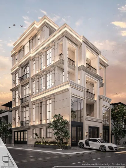 A corner view of another Vikaspuri design proposal, emphasizing verticality and a rhythmic pattern of windows and columns to create a stately presence.