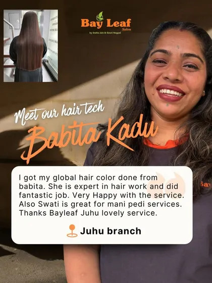 Meet Babita, one of our expert hair technicians at the Juhu branch. I'm so proud of the work my team does, and it makes me happy to see clients like this one loving their global hair color.